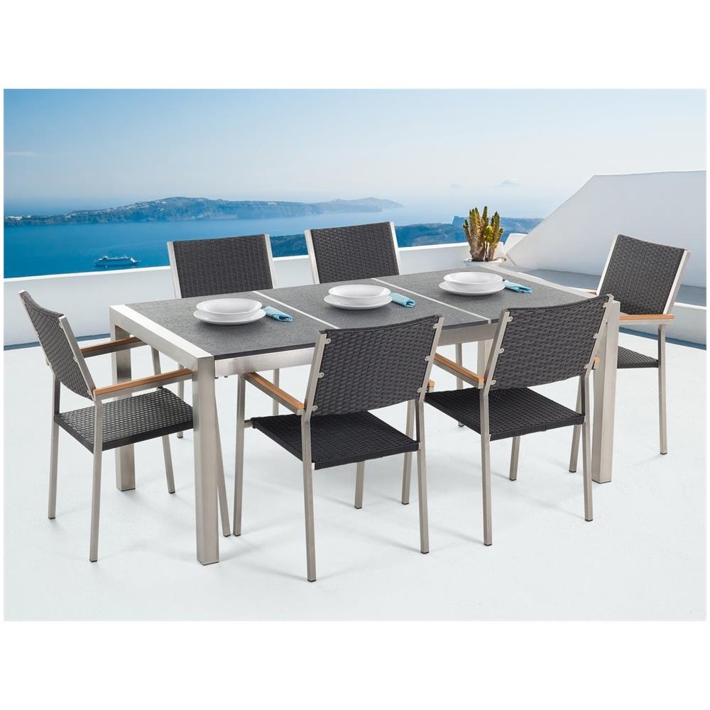 Set Di Tavolo E Sedie Da Giardino In Acciaio, Basalto E Rattan - 180cm - Nero Fiammato - Grosseto - Foto 2