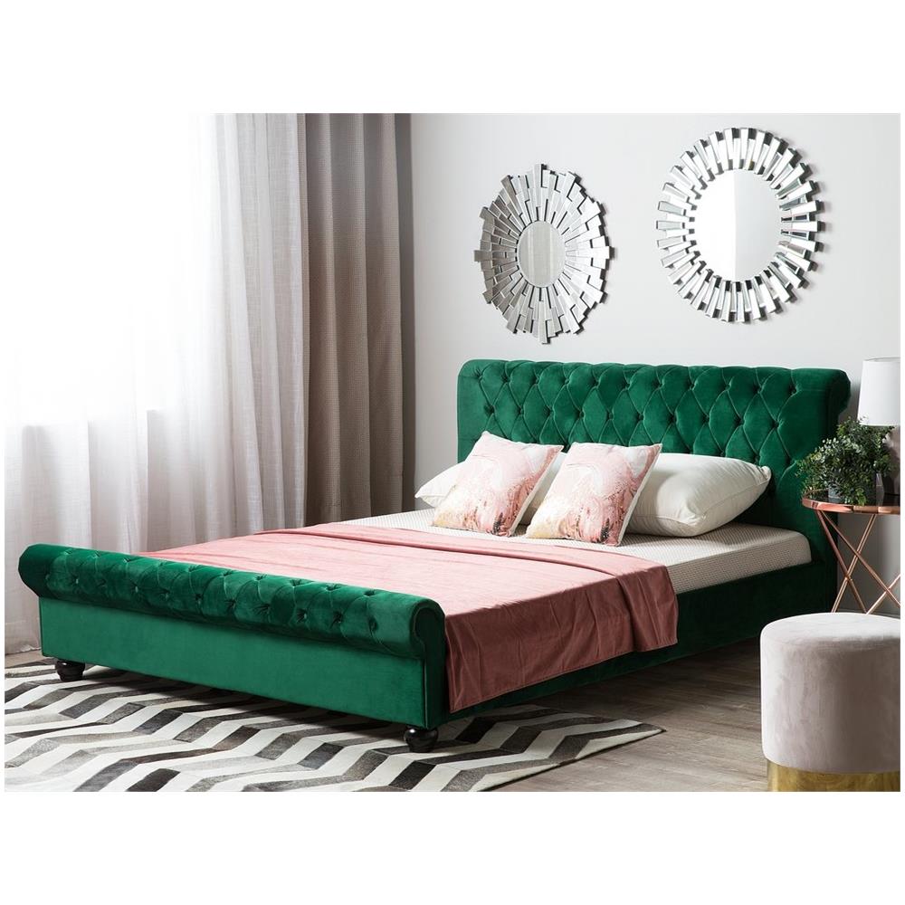 Letto Matrimoniale In Velluto Verde Stile Chesterfield 180x200cm Avallon - Foto 2