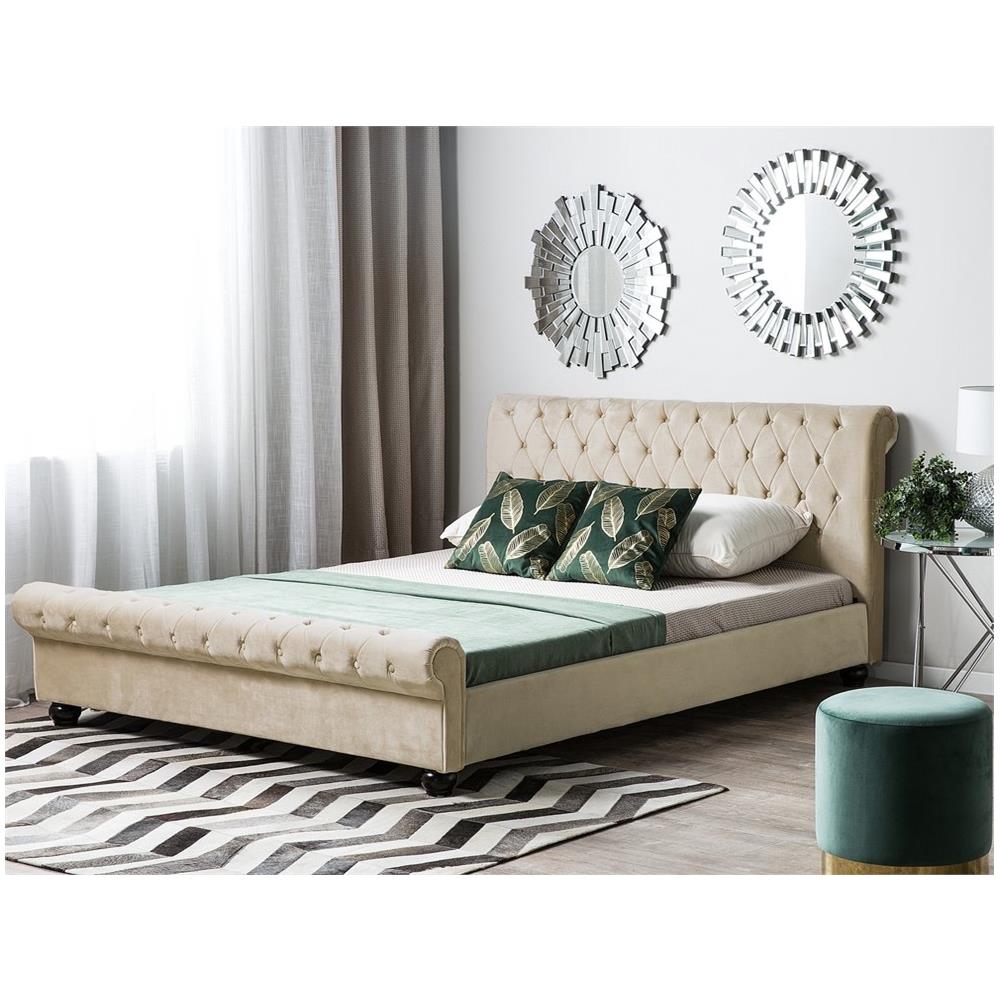 Letto Matrimoniale In Velluto Beige Stile Chesterfield 180x200cm Avallon - Foto 2