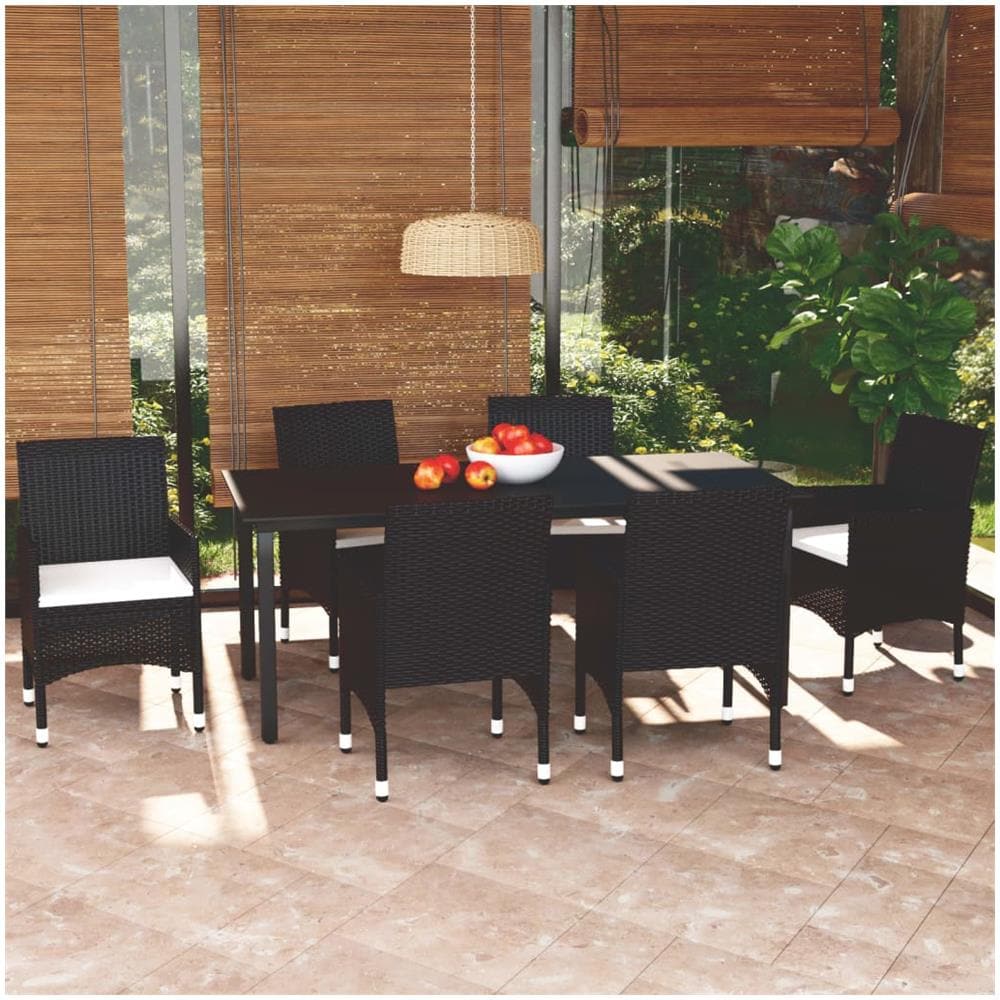 Set Da Pranzo Per Giardino 7 Pz Con Cuscini Polyrattan Nero - Foto 1