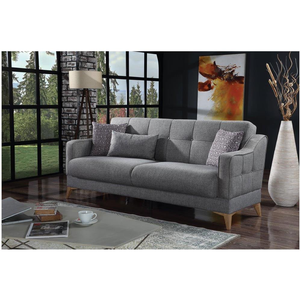 Divano Letto Juan, Divano Letto Contenitore A 3 Posti Lineare Con 3 Cuscini Inclusi, Sofà Da Soggiorno In Tessuto Imbottito Con Apertura Click-clack, 207x82xh92 Cm, Grigio - Foto 1