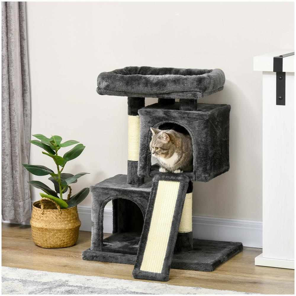 Albero Tiragraffi per Gatti con Pali in Sisal, Lettino e 2 Casette, 59x39x83cm, Grigio Scuro - Foto 2