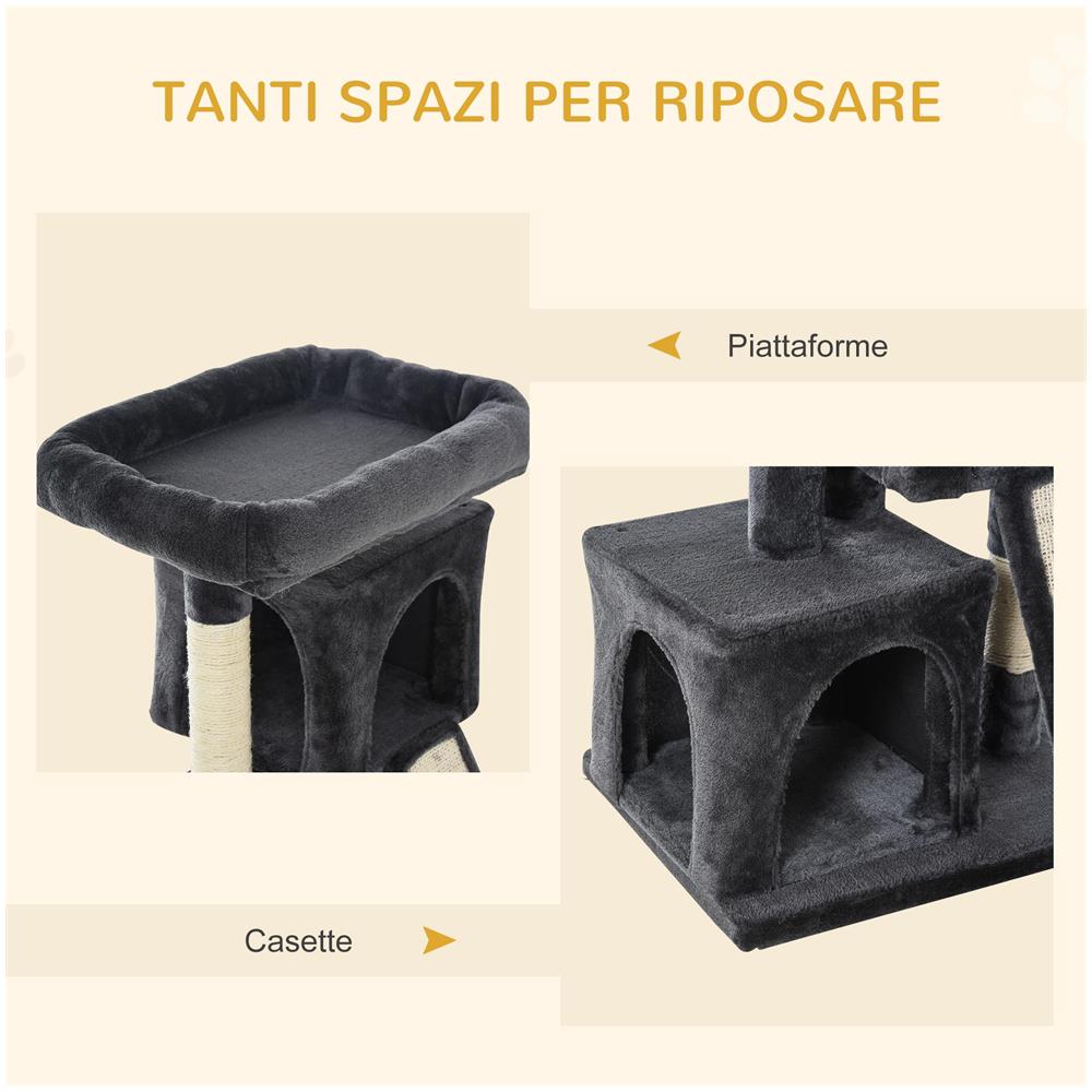Albero Tiragraffi per Gatti con Pali in Sisal, Lettino e 2 Casette, 59x39x83cm, Grigio Scuro - Foto 6