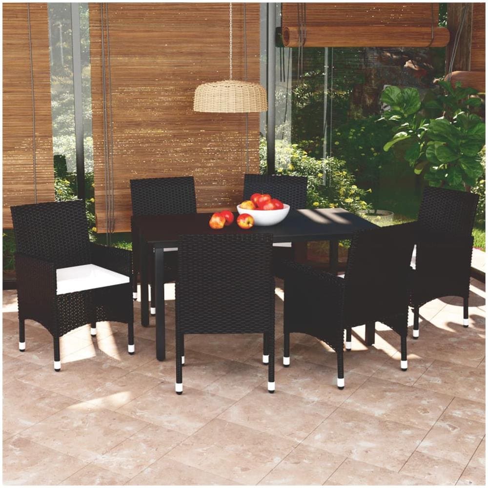 Set Da Pranzo Per Giardino 7 Pz Con Cuscini Polyrattan Nero - Foto 1