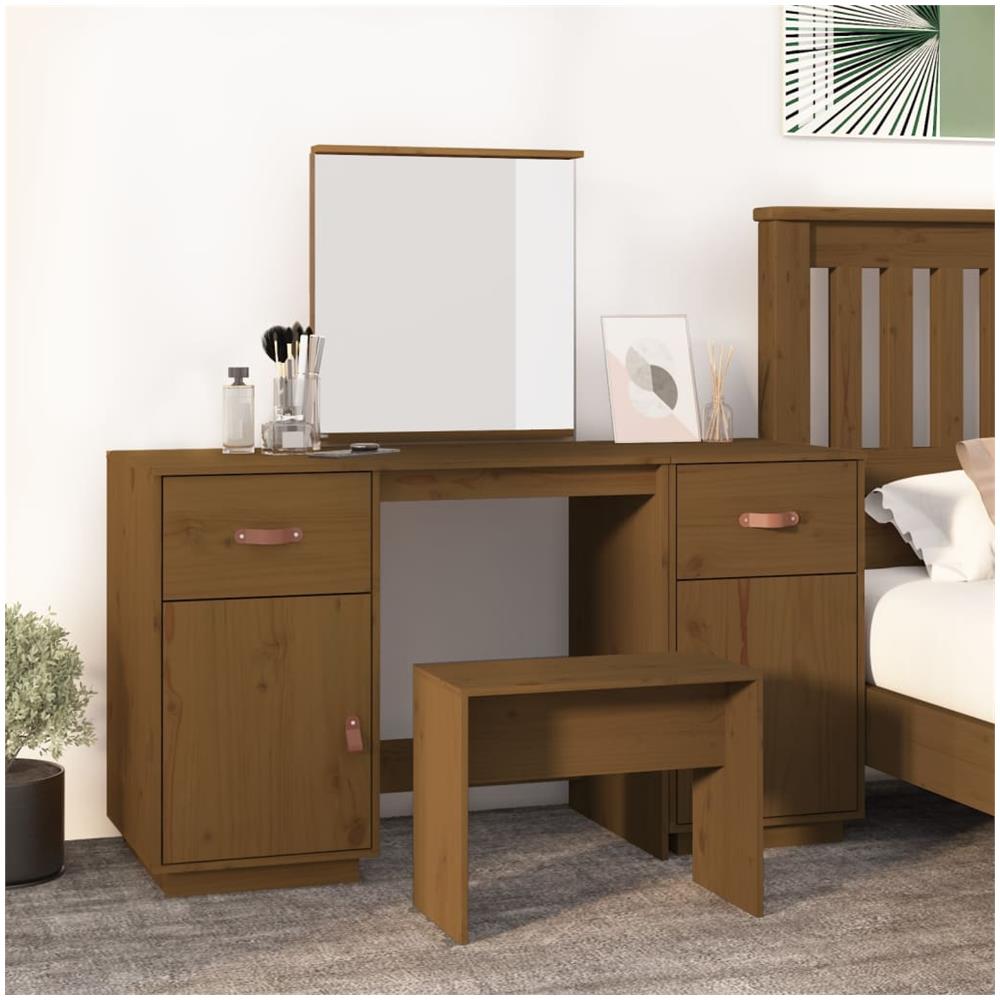 Set Toeletta Con Specchio Marrone Miele Legno Massello Di Pino - Foto 1
