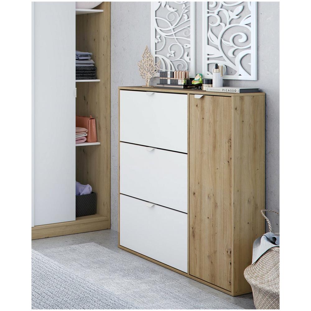 Scarpiera Tok, Scarpiera Da Ingresso A 4 Ante, Armadio Portascarpe Salvaspazio, 105x24h112 Cm, Bianco E Rovere - Foto 1