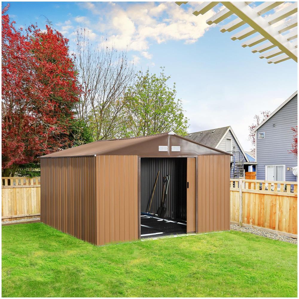 Casetta da Giardino con 2 Porte Scorrevoli e 4 Prese d'Aria in Acciaio, 340x386x200cm, Giallo - Foto 2