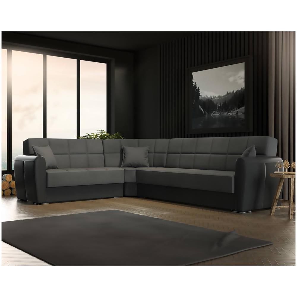Divano Letto Matias, Divano Letto Contenitore Ad Angolo In Ecopelle E Tessuto, Sofà Da Soggiorno Con Apertura Click-clack E Penisola Reversibile, 305x238h91 Cm, Nero E Grigio Scuro - Foto 1