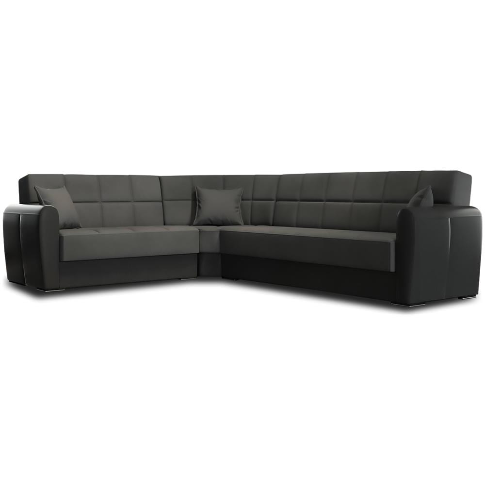 Divano Letto Matias, Divano Letto Contenitore Ad Angolo In Ecopelle E Tessuto, Sofà Da Soggiorno Con Apertura Click-clack E Penisola Reversibile, 305x238h91 Cm, Nero E Grigio Scuro - Foto 2