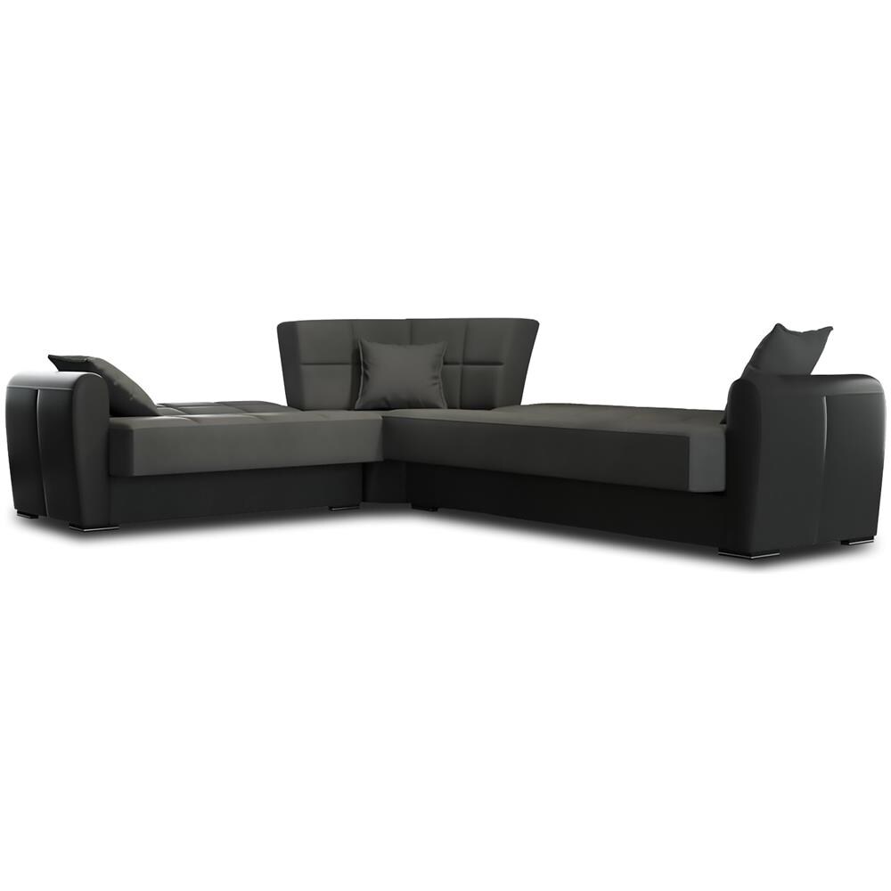 Divano Letto Matias, Divano Letto Contenitore Ad Angolo In Ecopelle E Tessuto, Sofà Da Soggiorno Con Apertura Click-clack E Penisola Reversibile, 305x238h91 Cm, Nero E Grigio Scuro - Foto 4