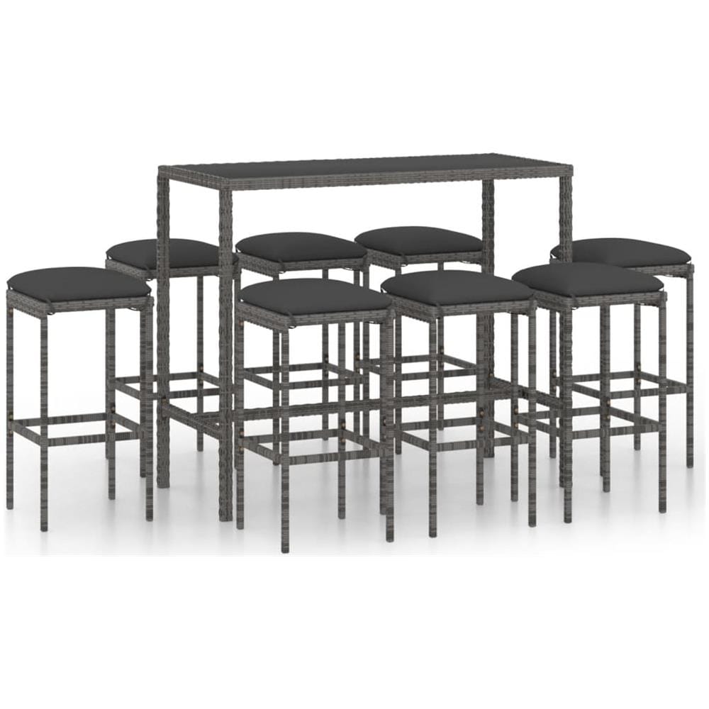 Set da Bar per Giardino 9 pz con Cuscini in Polyrattan Grigio - Foto 1