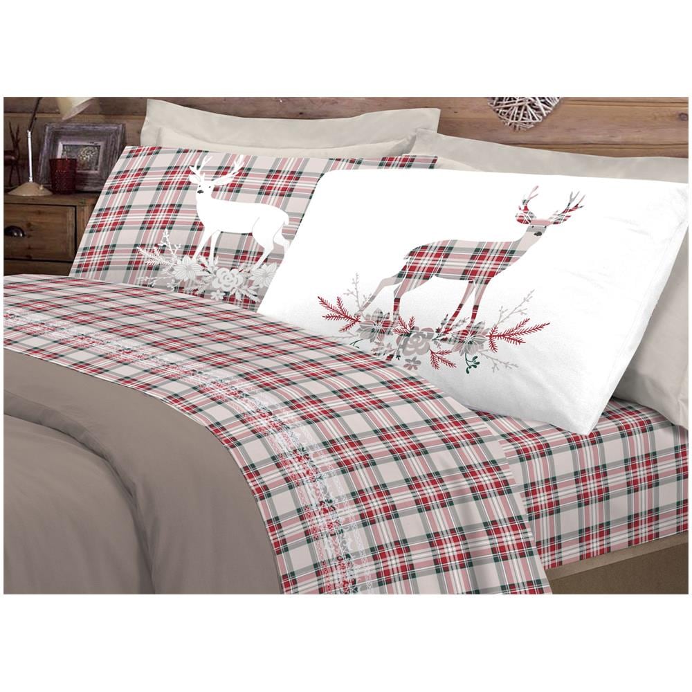 Completo Lenzuola Flanella Pensieri Delicati 100% Cotone Disegno Cervo Tartan Piazza E Mezza Rosso - Foto 1