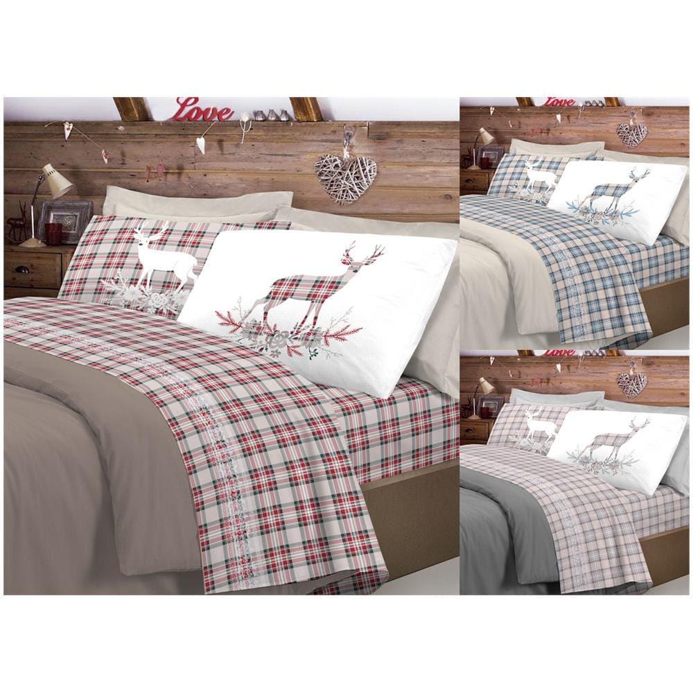Completo Lenzuola Flanella Pensieri Delicati 100% Cotone Disegno Cervo Tartan Piazza E Mezza Rosso - Foto 2