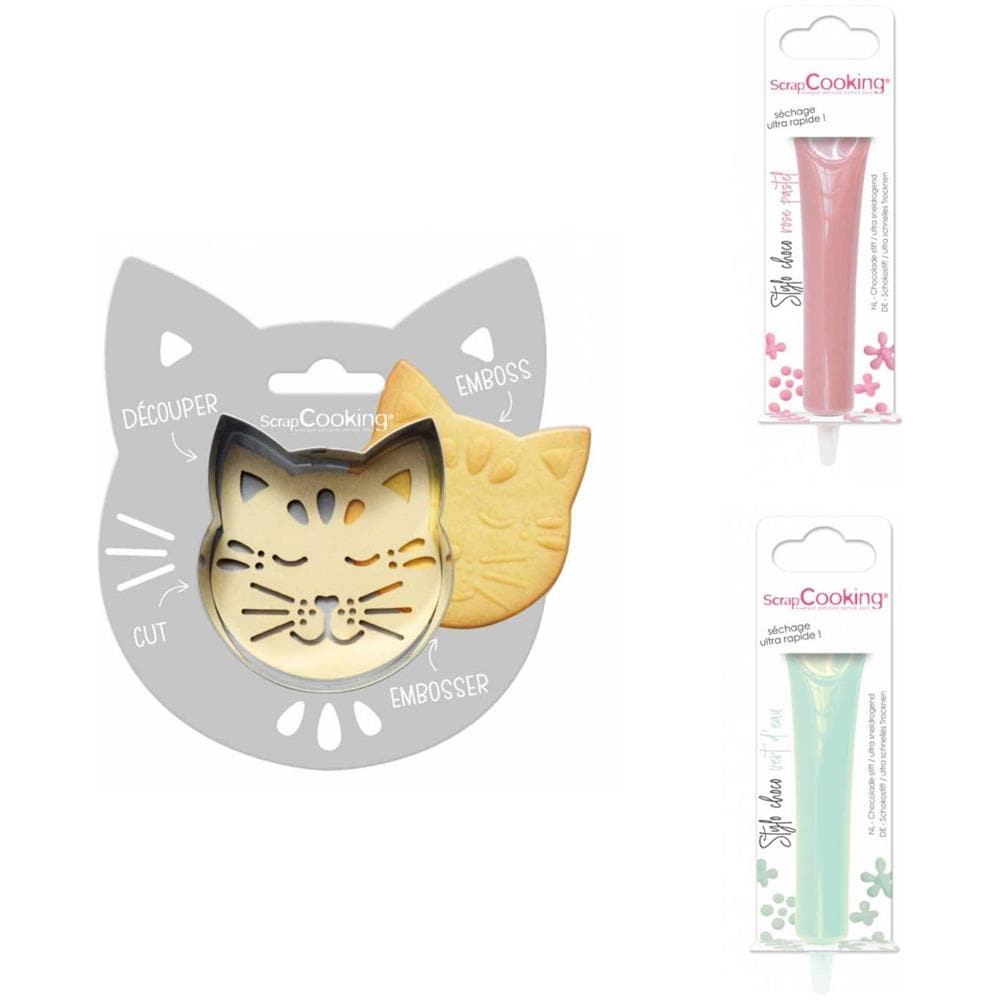 Kit Biscotti Per Gatti In Rilievo + 2 Penne Al Cioccolato Rosa Pastello E Verde Acqua - Foto 1