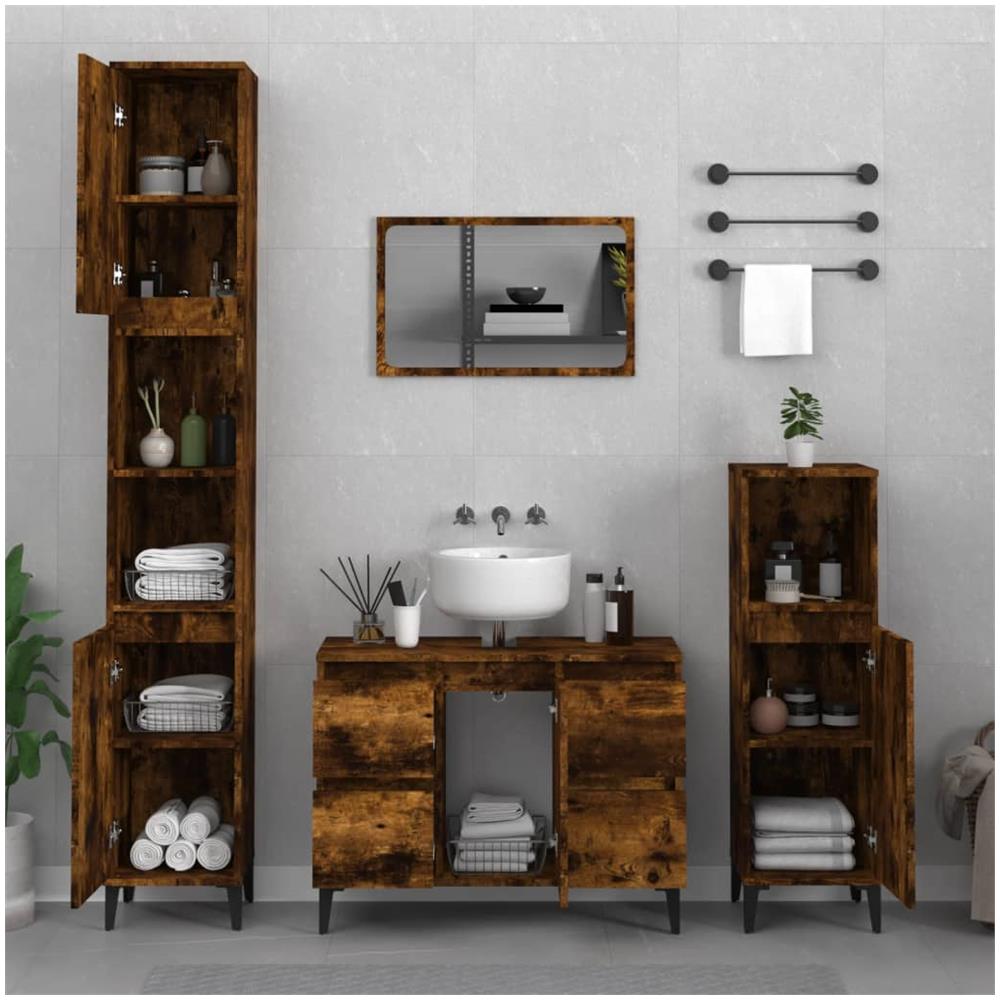 Set Mobili Da Bagno 3 Pz Rovere Fumo In Legno Multistrato - Foto 1