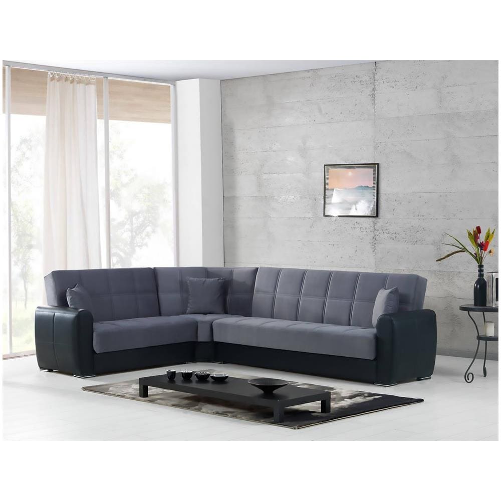 Divano Letto Matias, Divano Letto Contenitore Ad Angolo In Ecopelle E Tessuto, Sofà Da Soggiorno Con Apertura Click-clack E Penisola Reversibile, 305x238h91 Cm, Nero E Grigio - Foto 1