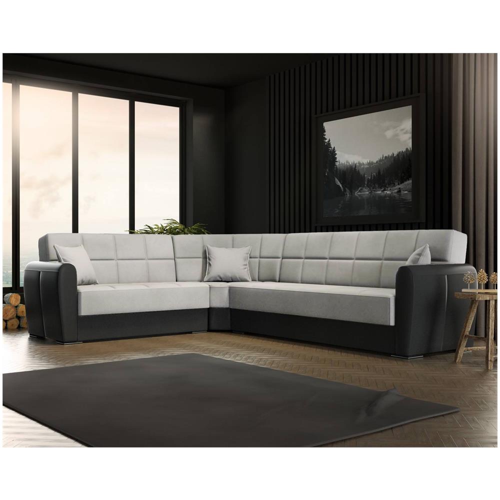 Divano Letto Matias, Divano Letto Contenitore Ad Angolo In Ecopelle E Tessuto, Sofà Da Soggiorno Con Apertura Click-clack E Penisola Reversibile, 305x238h91 Cm, Nero E Grigio Chiaro - Foto 1