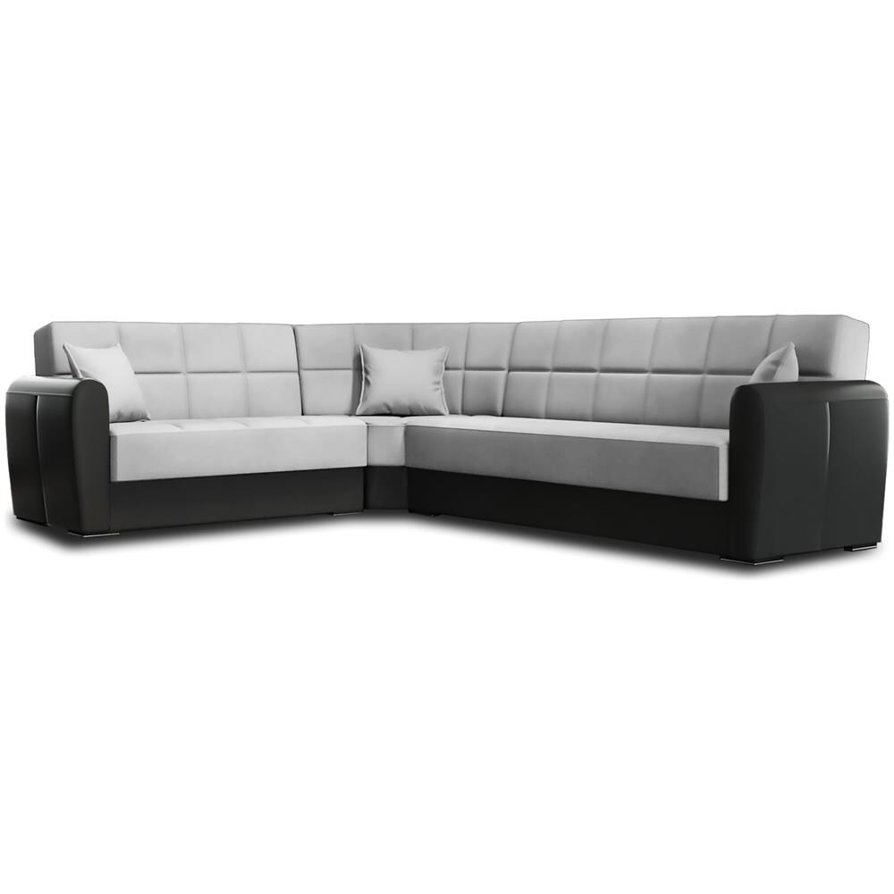 Divano Letto Matias, Divano Letto Contenitore Ad Angolo In Ecopelle E Tessuto, Sofà Da Soggiorno Con Apertura Click-clack E Penisola Reversibile, 305x238h91 Cm, Nero E Grigio Chiaro - Foto 2