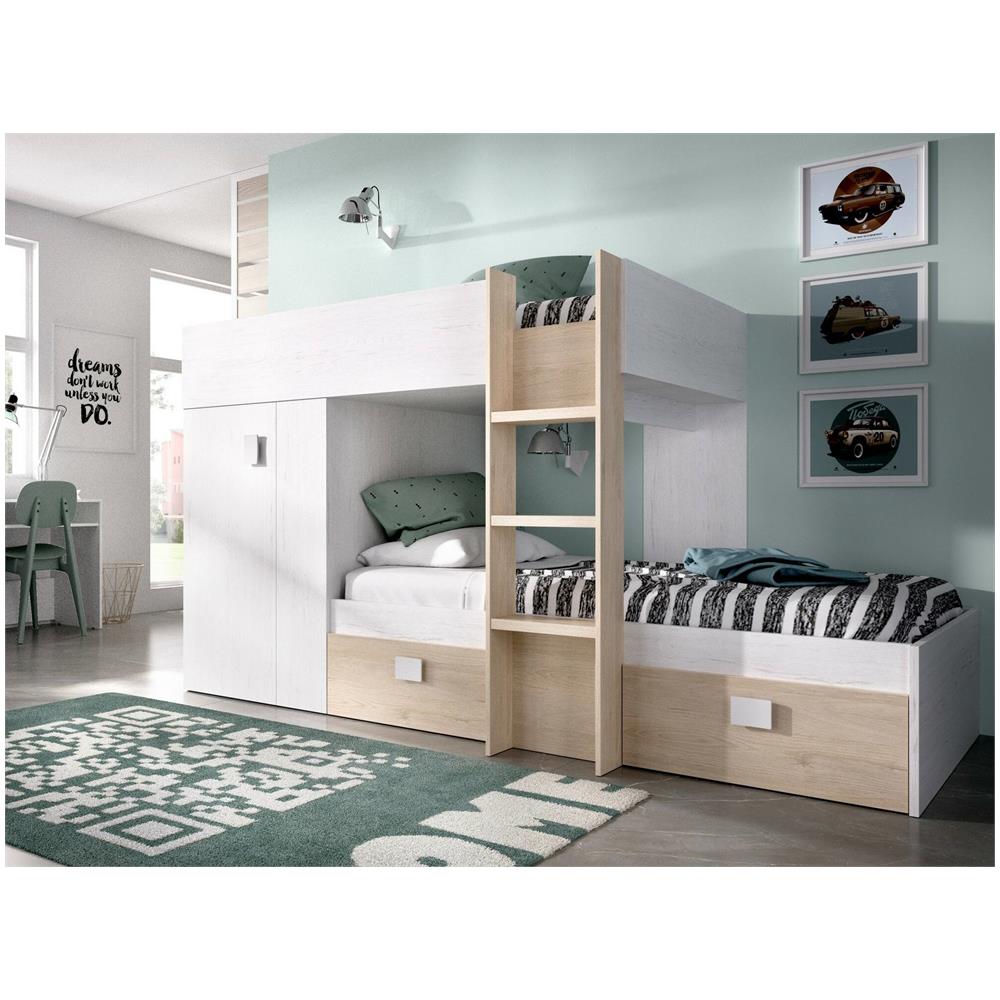 Letto Per Bambini Cevedale, Cameretta Completa Con Armadio E Cassetti, Composizione Letto A Castello Con Due Lettini Singoli, 271x111h150 Cm, Bianco E Rovere - Foto 1