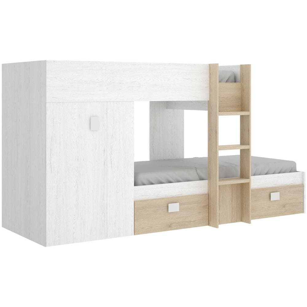 Letto Per Bambini Cevedale, Cameretta Completa Con Armadio E Cassetti, Composizione Letto A Castello Con Due Lettini Singoli, 271x111h150 Cm, Bianco E Rovere - Foto 2