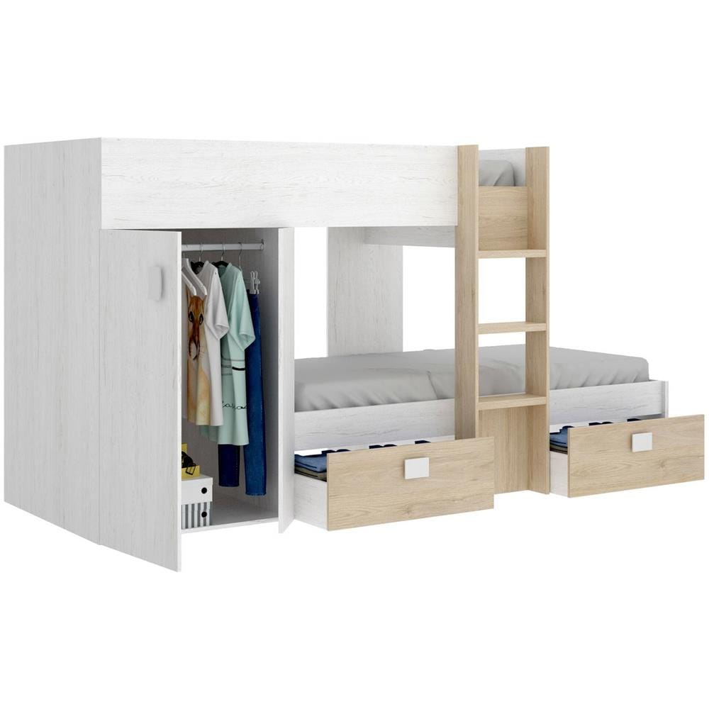 Letto Per Bambini Cevedale, Cameretta Completa Con Armadio E Cassetti, Composizione Letto A Castello Con Due Lettini Singoli, 271x111h150 Cm, Bianco E Rovere - Foto 4
