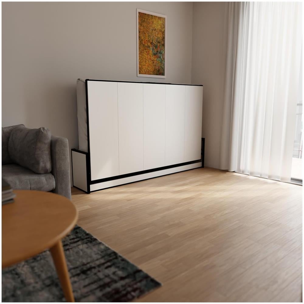 Letto A Scomparsa Studio Orizzontale 200x150 cm con Pistoni a Gas, Telaio Metallico Robusto, Capacità 350 kg, Ideale per Stanze Piccole o Monolocali, Salvaspazio, Materasso Non Incluso - Foto 2
