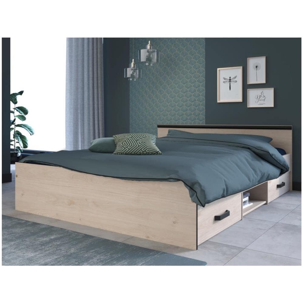 Letto Con Vani Portaoggetti, 2 Cassetti E 1 Nicchia 140 X 190 Cm Colore Naturale - Pablo - Foto 2
