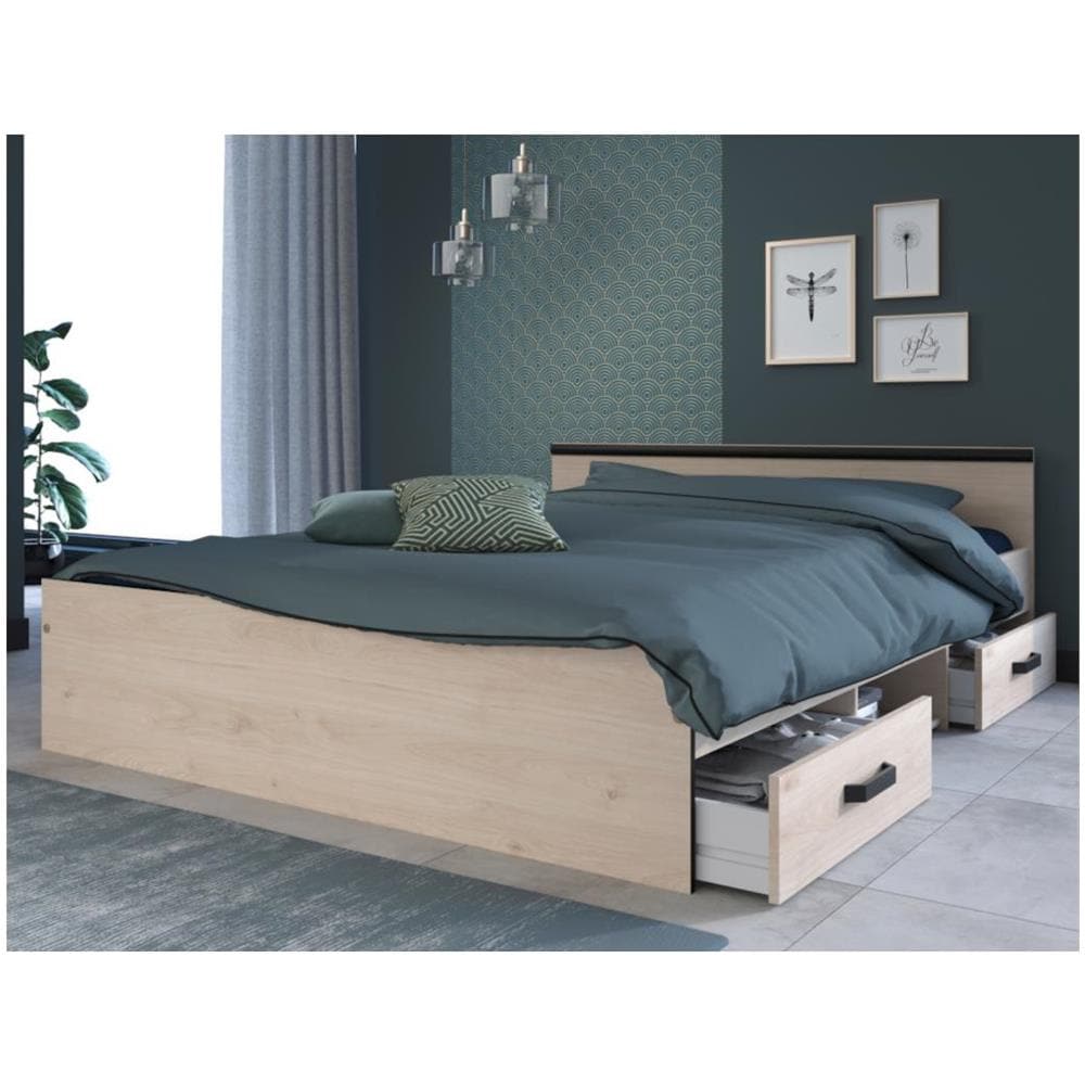 Letto Con Vani Portaoggetti, 2 Cassetti E 1 Nicchia 140 X 190 Cm Colore Naturale - Pablo - Foto 1