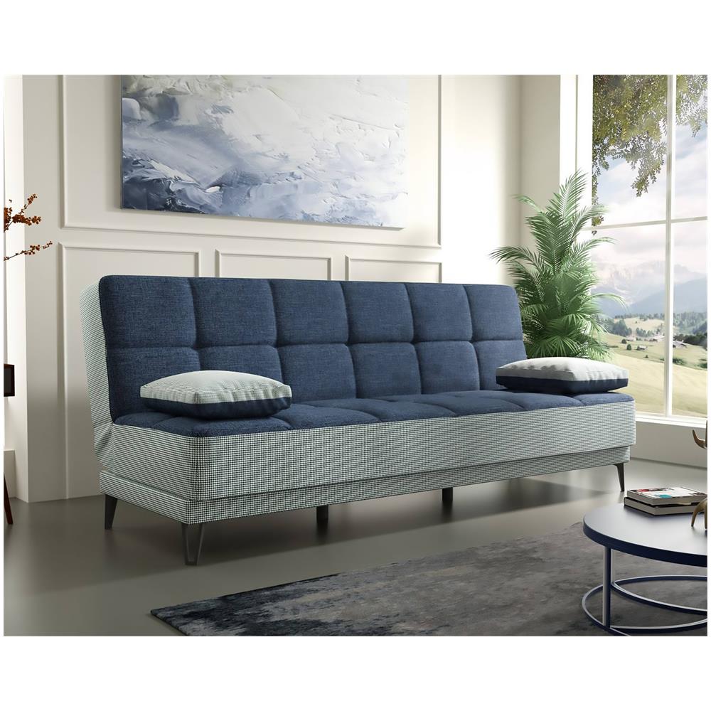 Divano Letto Jordi, Divano Letto A 3 Posti Con Piedini In Metallo Nero, Sofà Da Soggiorno In Tessuto Imbottito Con Apertura Click-clack, 190x87h97 Cm, Grigio E Blu - Foto 1