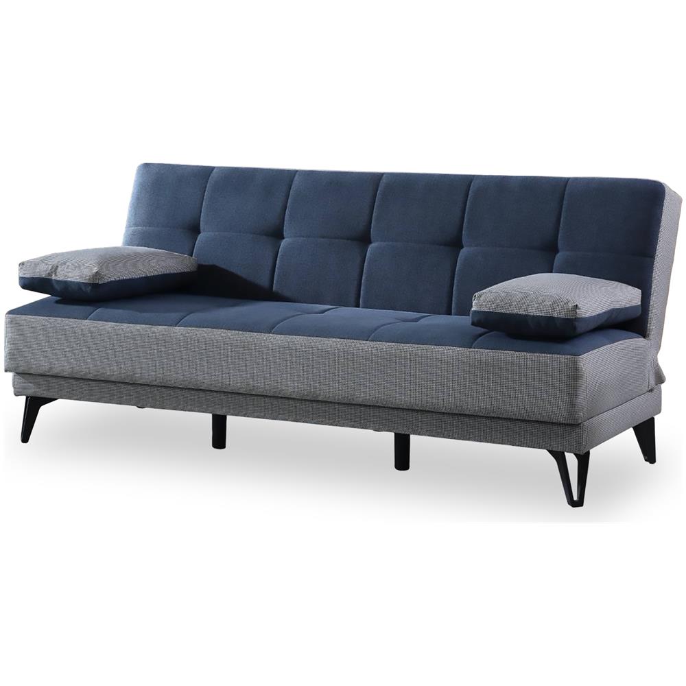 Divano Letto Jordi, Divano Letto A 3 Posti Con Piedini In Metallo Nero, Sofà Da Soggiorno In Tessuto Imbottito Con Apertura Click-clack, 190x87h97 Cm, Grigio E Blu - Foto 2