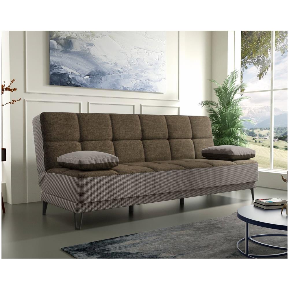 Divano Letto Jordi, Divano Letto A 3 Posti Con Piedini In Metallo Nero, Sofà Da Soggiorno In Tessuto Imbottito Con Apertura Click-clack, 190x87h97 Cm, Grigio E Marrone - Foto 1