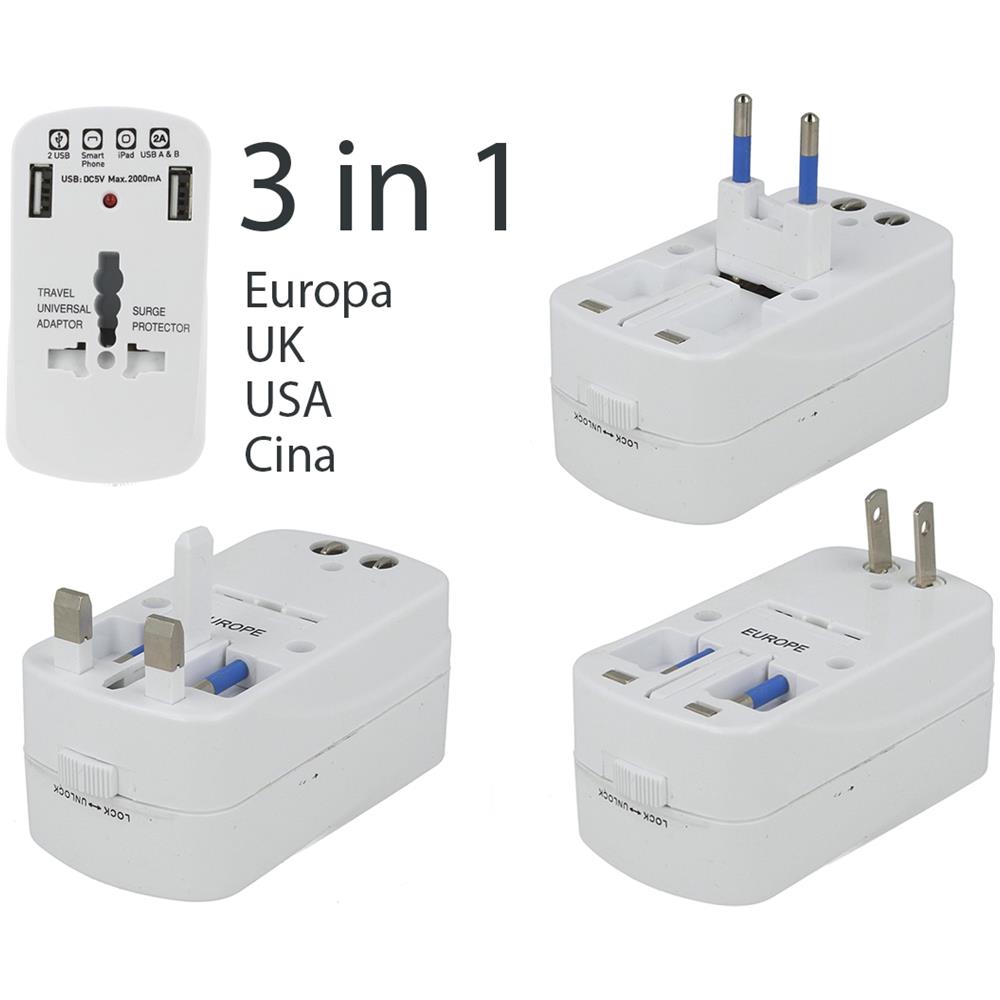 Adattatore Singolo Universale Da Viaggio Con 2 Prese Usb Colore Bianco Spina Standard Us, uk, eu - Sku 8704 - Foto 3