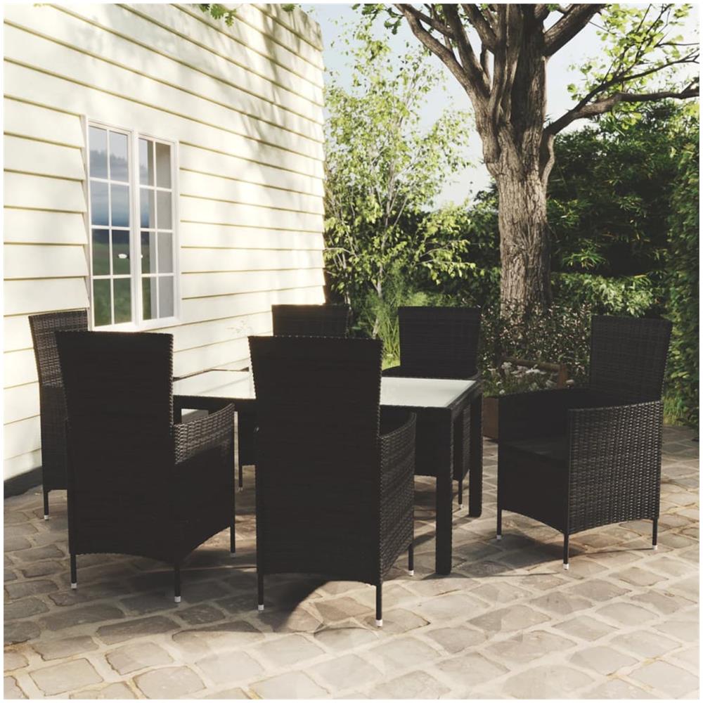 Set Mobili Da Giardino 7 Pz Con Cuscini In Polyrattan Nero - Foto 1