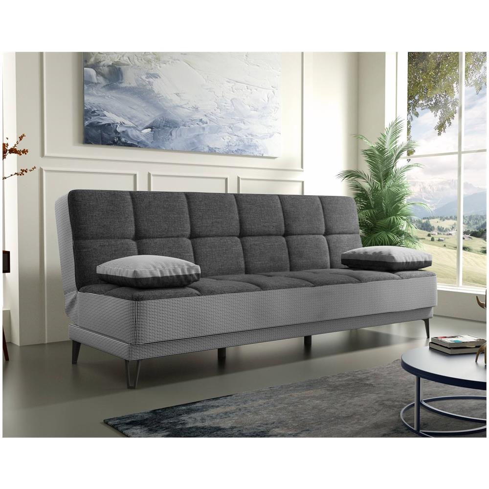 Divano Letto Jordi, Divano Letto A 3 Posti Con Piedini In Metallo Nero, Sofà Da Soggiorno In Tessuto Imbottito Con Apertura Click-clack, 190x87h97 Cm, Grigio - Foto 1