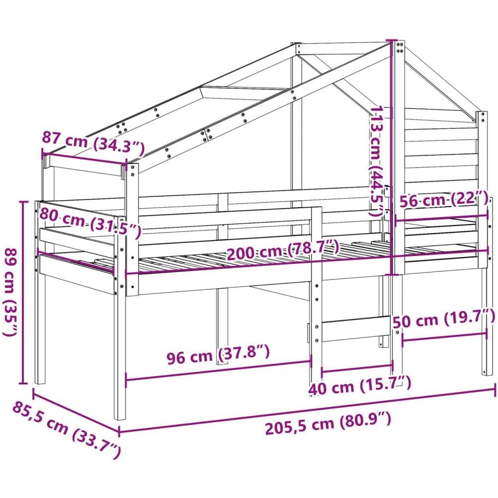 Letto a Soppalco con Tetto Bianco 80x200 cm in Legno di Pino - Foto 10
