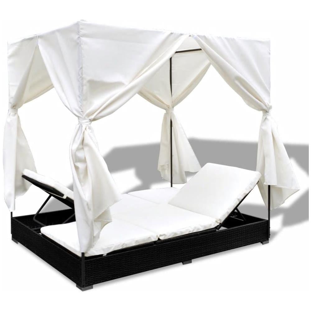 Lettino Prendisole A Baldacchino Con Tende Polirattan Nero - Foto 7