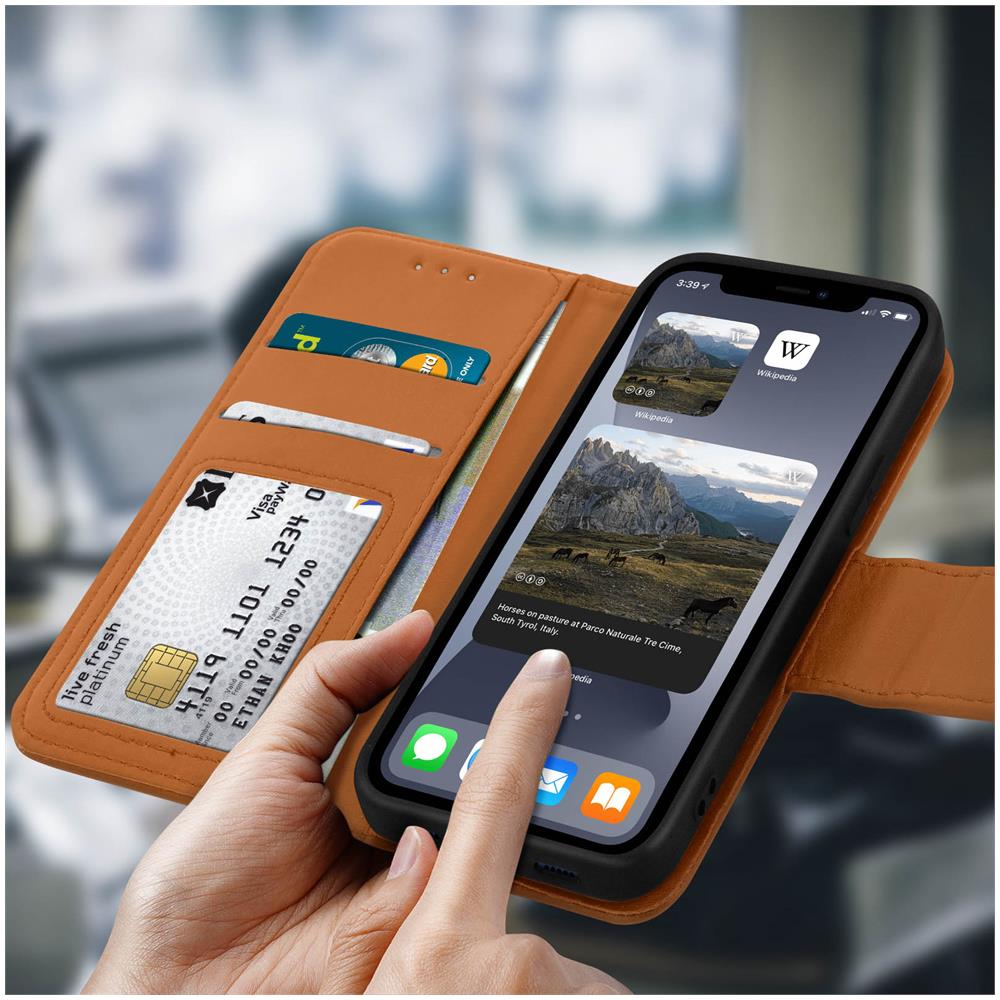 Custodia Iphone 12 Pro Max Porta Carte In Pelle Funzione Stand Premium Marrone - Foto 5