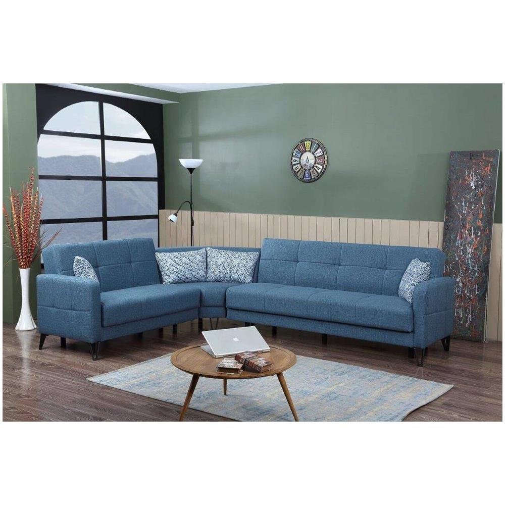 Divano Letto Pedro, Divano Letto Contenitore Ad Angolo Con 4 Cuscini Inclusi, Sofà Da Soggiorno In Tessuto Imbottito Con Apertura Click-clack, Penisola Reversibile, 302x234h88 Cm, Blu - Foto 1