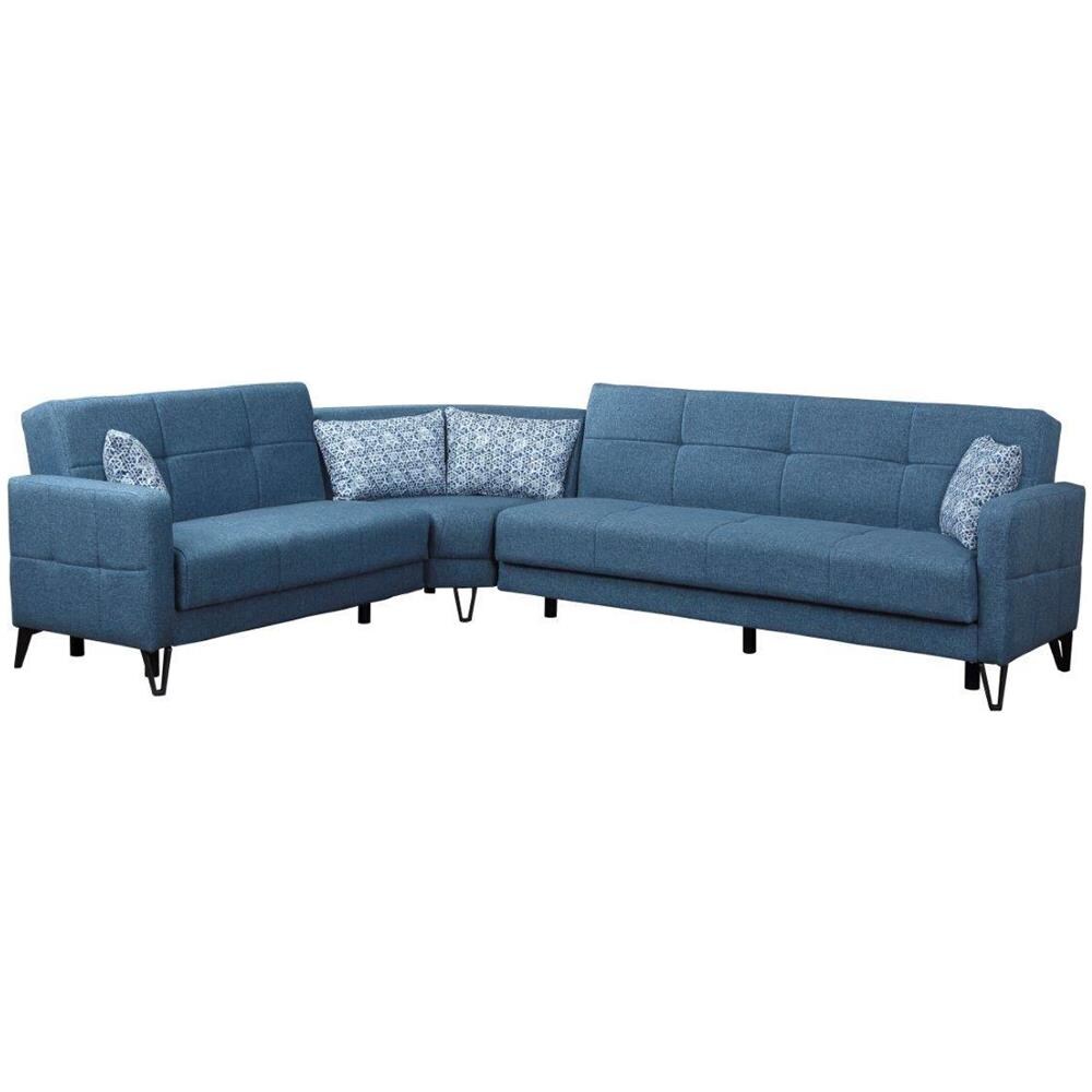 Divano Letto Pedro, Divano Letto Contenitore Ad Angolo Con 4 Cuscini Inclusi, Sofà Da Soggiorno In Tessuto Imbottito Con Apertura Click-clack, Penisola Reversibile, 302x234h88 Cm, Blu - Foto 2