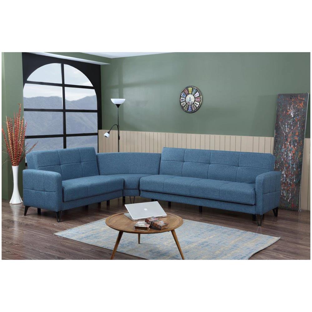 Divano Letto Pedro, Divano Letto Contenitore Ad Angolo Con 4 Cuscini Inclusi, Sofà Da Soggiorno In Tessuto Imbottito Con Apertura Click-clack, Penisola Reversibile, 302x234h88 Cm, Blu - Foto 4