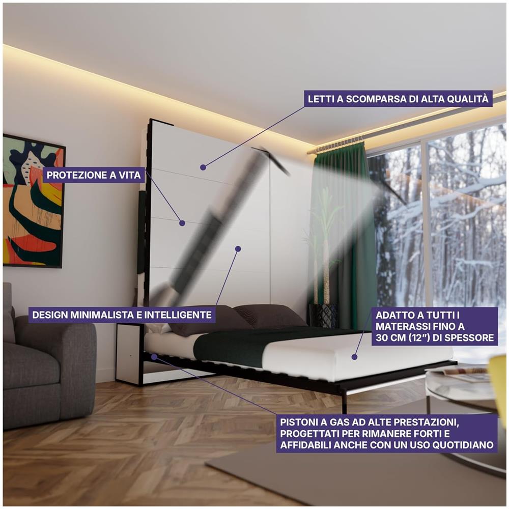 Letto A Scomparsa Studio Verticale 150x200 cm con Pistoni a Gas, Telaio Metallico Robusto, Capacità 350 kg, Ideale per Stanze Piccole o Monolocali, Salvaspazio, Materasso Non Incluso - Foto 4