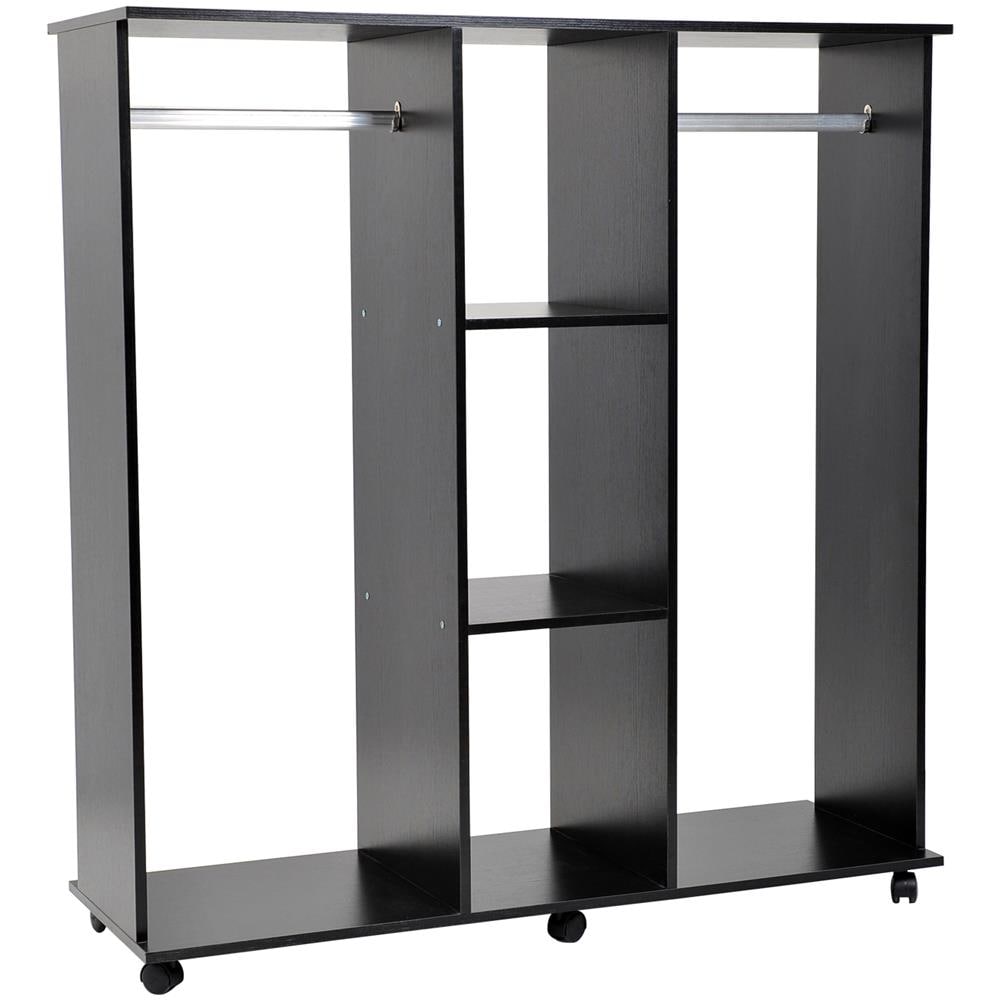 Armadio Guardaroba A 5 Ripiani Con Ruote E Barre Appendiabiti In Legno E Alluminio Nero 120x40x128cm - Foto 1