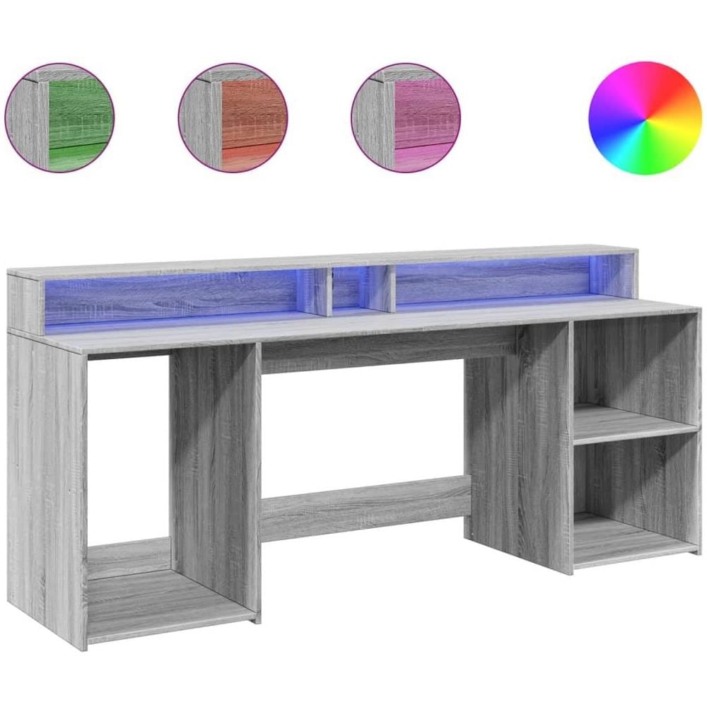 Scrivania con Luci LED Grigio Sonoma 200x55x91cm in Truciolato - Foto 1