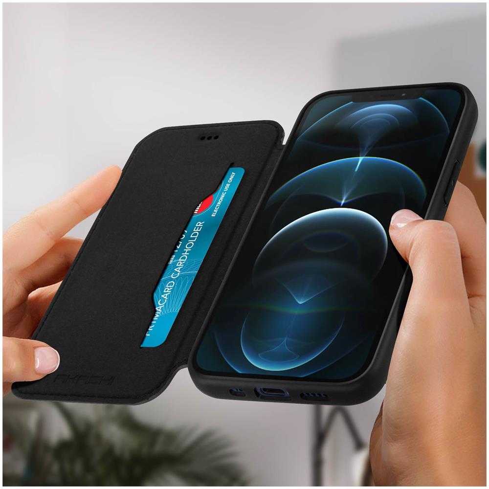 Custodia Per Iphone 12 Pro Max Portacarte Pelle Funzione Stand Nero - Foto 5