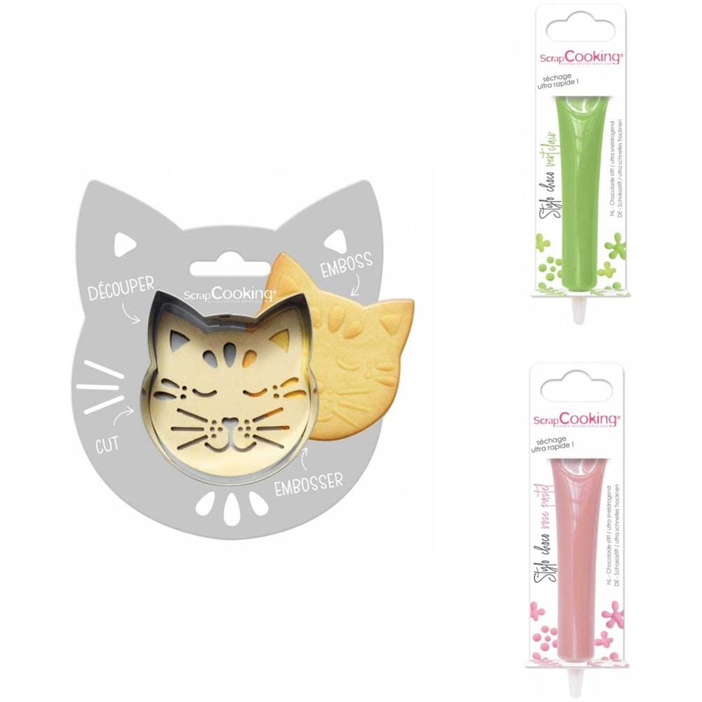 Kit Biscotti Per Gatti In Rilievo + 2 Penne Al Cioccolato Verde Pastello E Rosa - Foto 1