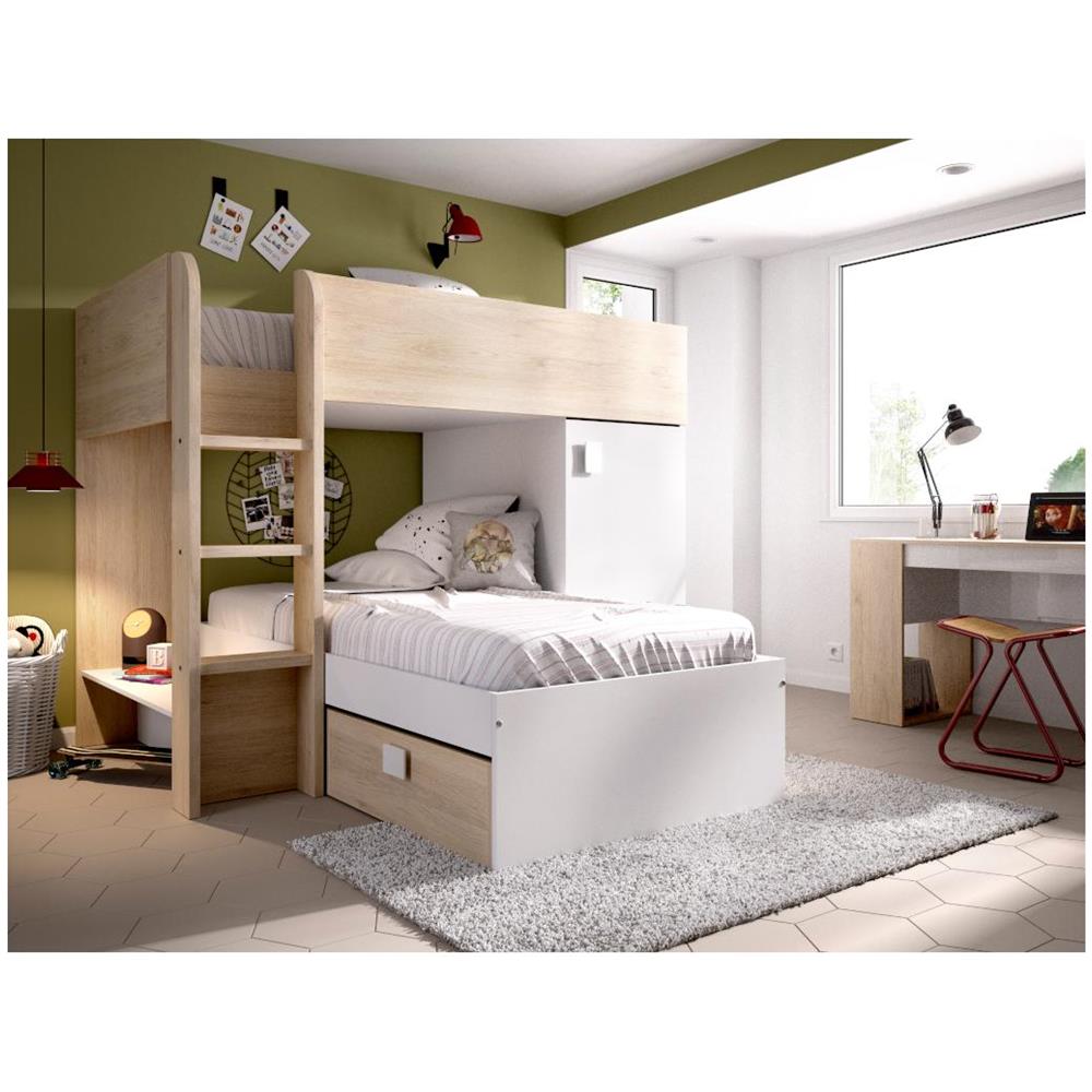Letto A Castello Ad Angolo Reversibile - Vani Portaoggetti Integrati 2 X 90 X 190 Cm Rovere E Bianco - Ricardo - Foto 1