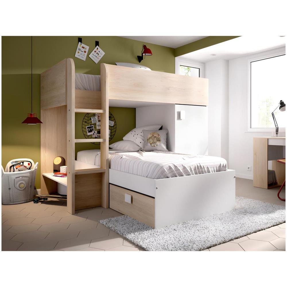 Letto A Castello Ad Angolo Reversibile - Vani Portaoggetti Integrati 2 X 90 X 190 Cm Rovere E Bianco - Ricardo - Foto 7