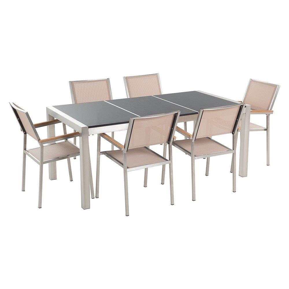 Set Di Tavolo E 6 Sedie Da Giardino In Acciaio, Basalto E Fibra Tessile Beige - Nero Lucido - 180cm - Grosseto - Foto 1