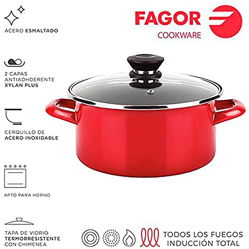 Fagor Optimax Pentola Induzione 26 Cm Acciaio Smaltato, Antiaderente Senza Pfoa, Coperchio Rosso - Foto 4
