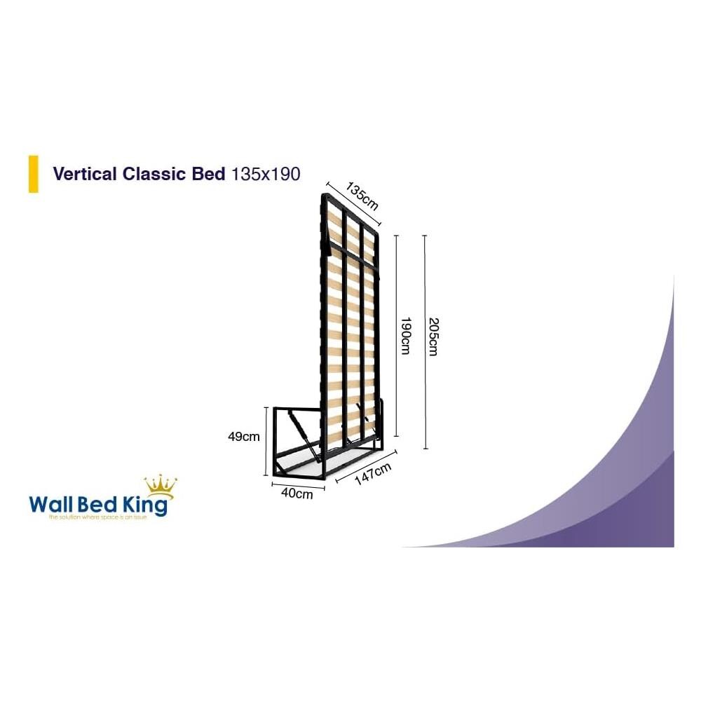 Letto a Scomparsa Verticale Classic 135 x 190 - Meccanismo a Pistone a Gas, Supporta fino a 350kg, Design Salva-spazio, Montaggio Facile, Compatibile con Materassi (Spessore Fino a 30cm) - Foto 1